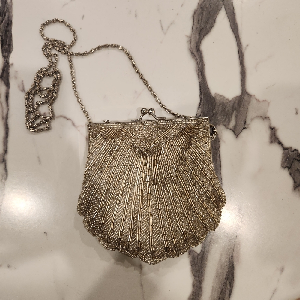 Apt. 9 Gold Silver Beaded Shell Evening Bag With Chain Strap